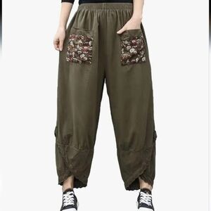 Green/Brown Barrel Boho Balloon Wide-Leg Pull-On Pants with Front Pockets